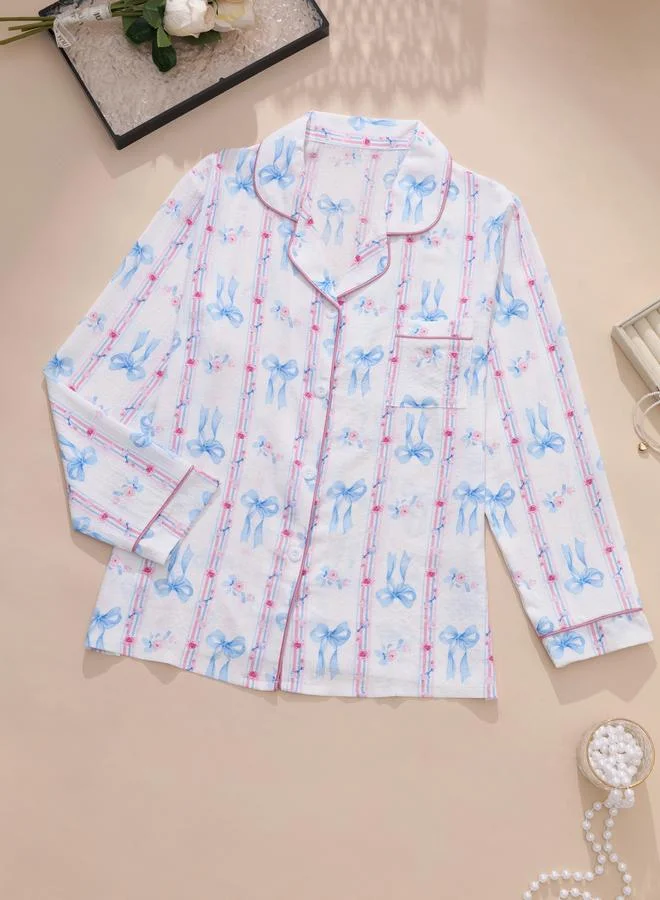 تايك تو طقم قميص وبنطال بيجاما بطبعة فيونكة جرافيك للنساء